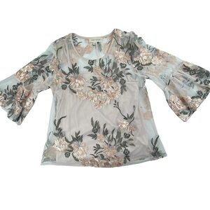 Anthropologie Luna Moon Floral Embroidered Sheer Top Cream Pink Beige Small